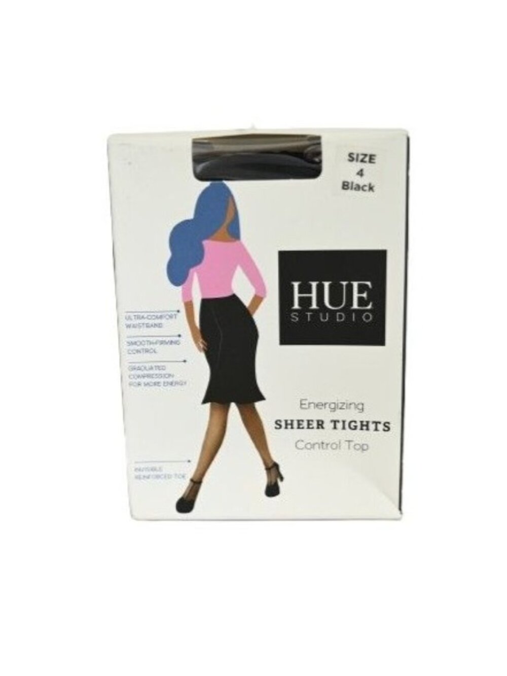 NIB HUE Studio Energizing Sheer Tights With Control Top Sz 4 Black Hosiery